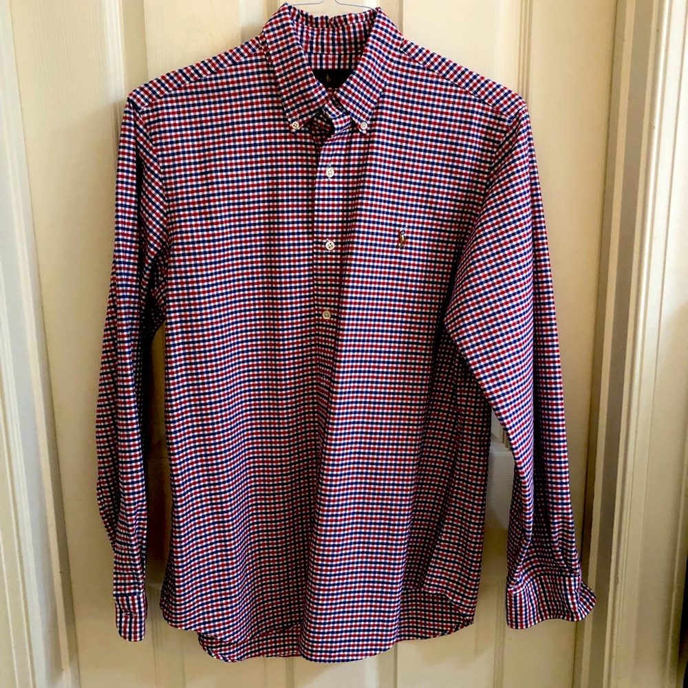 Ralph Lauren men’s button down 100% cotton red blue & white Excellent condition.